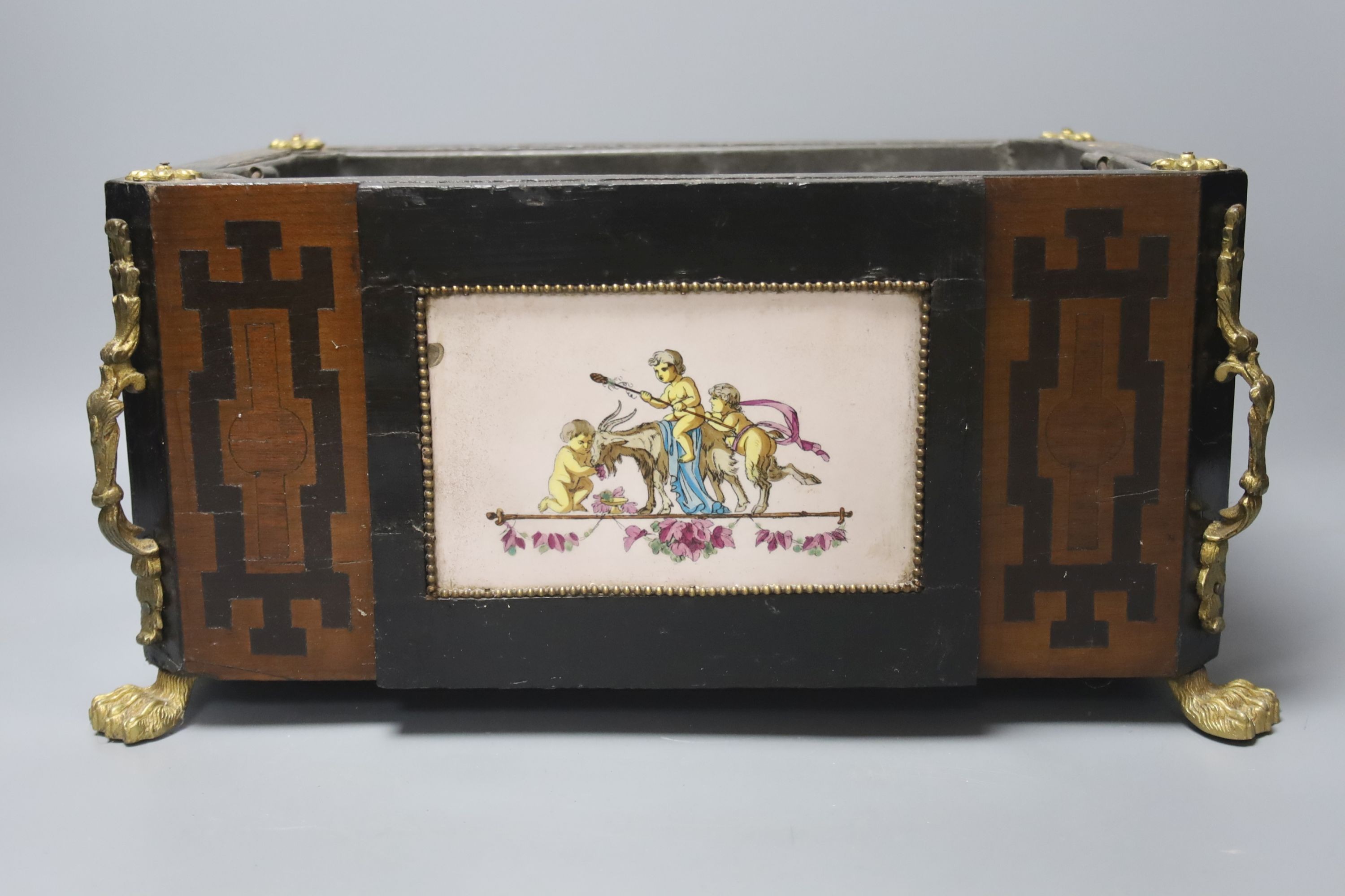 A 19th French faience tile inset marquetry jardiniere, with ormolu mounts and tin liner, width 35cm